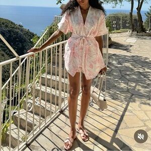 Pink and White Floral Kimono Top and Shorts Set